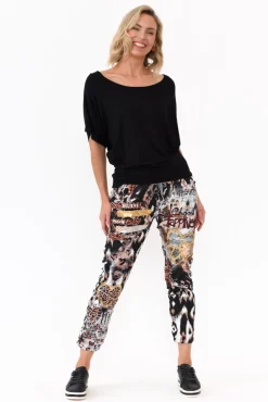 Pants<La Strada Russo Black Animal Drawstring Pant