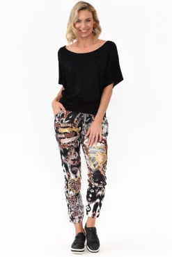 Pants<La Strada Russo Black Animal Drawstring Pant