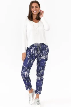 Pants<La Strada Russo Blue Floral Drawstring Pant