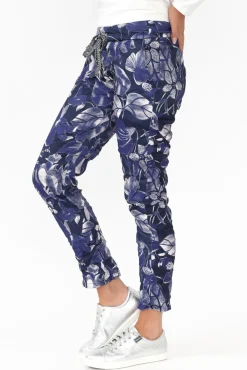 Pants<La Strada Russo Blue Floral Drawstring Pant