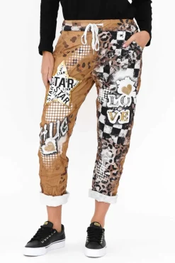 Pants<La Strada Russo Tan Abstract Drawstring Pant