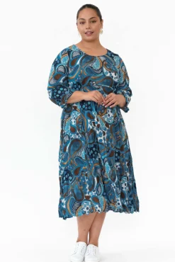 Cotton Dresses<Willow Tree Rutherford Blue Abstract Midi Dress