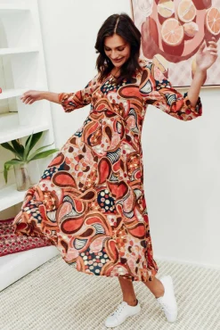 Cotton Dresses<Willow Tree Rutherford Rust Abstract Midi Dress