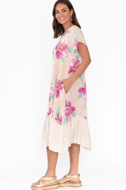 Linen Dresses<Fabuler Ryker Beige Floral Linen Pocket Dress