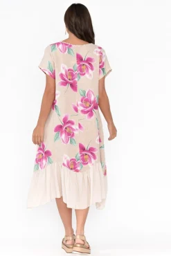 Linen Dresses<Fabuler Ryker Beige Floral Linen Pocket Dress