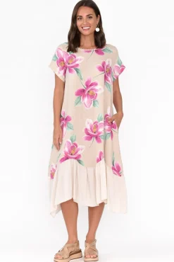 Linen Dresses<Fabuler Ryker Beige Floral Linen Pocket Dress