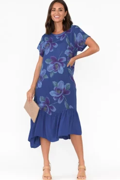 Linen Dresses<Fabuler Ryker Cobalt Floral Linen Pocket Dress