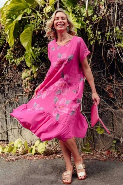 Linen Dresses<Fabuler Ryker Hot Pink Floral Linen Pocket Dress
