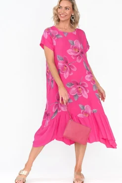 Linen Dresses<Fabuler Ryker Hot Pink Floral Linen Pocket Dress