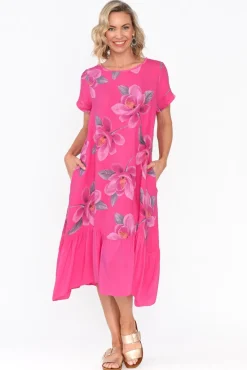 Linen Dresses<Fabuler Ryker Hot Pink Floral Linen Pocket Dress