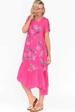 Linen Dresses<Fabuler Ryker Hot Pink Floral Linen Pocket Dress