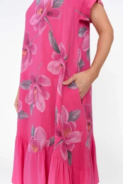 Linen Dresses<Fabuler Ryker Hot Pink Floral Linen Pocket Dress