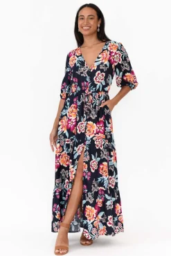 Maxi Dresses<Isabella Boho Rylie Navy Blossom Tie Dress