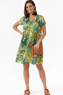 Above Knee Dresses<One Summer Sabina Green Poppy Crinkle Cotton Dress