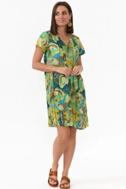 Above Knee Dresses<One Summer Sabina Green Poppy Crinkle Cotton Dress