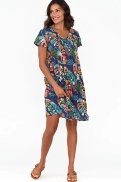 Cotton Dresses<One Summer Sabina Navy Leaf Crinkle Cotton Dress