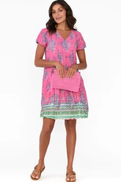 Cotton Dresses<One Summer Sabina Pink Geo Crinkle Cotton Dress