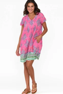 Cotton Dresses<One Summer Sabina Pink Geo Crinkle Cotton Dress