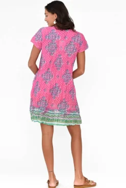 Cotton Dresses<One Summer Sabina Pink Geo Crinkle Cotton Dress