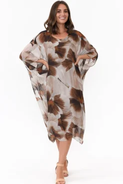 Below Knee Dresses<Italian Closet Santiago Brown Garden Silk Layer Dress