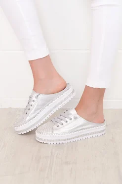 Leather Sneakers<Ameise Sarah Silver Leather Mule Sneaker