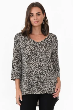 Sleeved Tops<Cotton Village Sarina Brown Leopard Hi Lo Top
