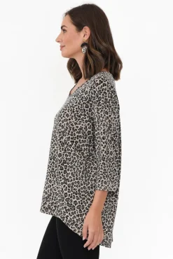 Sleeved Tops<Cotton Village Sarina Brown Leopard Hi Lo Top
