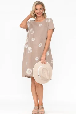 Linen Dresses<Cali and Co Sawyer Beige Spot Linen Pocket Dress
