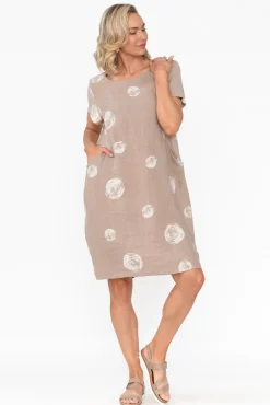 Linen Dresses<Cali and Co Sawyer Beige Spot Linen Pocket Dress