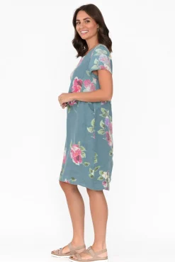 Linen Dresses<Cali and Co Sawyer Blue Flower Linen Pocket Dress