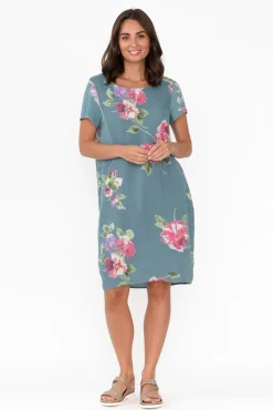 Linen Dresses<Cali and Co Sawyer Blue Flower Linen Pocket Dress