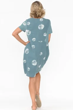 Linen Dresses<Cali and Co Sawyer Blue Spot Linen Pocket Dress