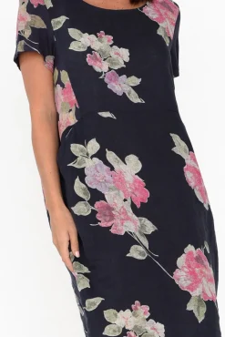 Linen Dresses<Cali and Co Sawyer Navy Flower Linen Pocket Dress