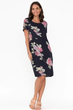 Linen Dresses<Cali and Co Sawyer Navy Flower Linen Pocket Dress