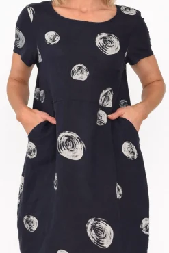 Linen Dresses<Cali and Co Sawyer Navy Spot Linen Pocket Dress