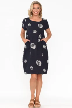 Linen Dresses<Cali and Co Sawyer Navy Spot Linen Pocket Dress