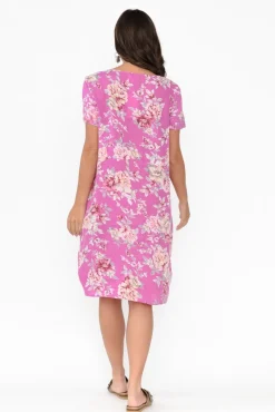 Linen Dresses<Cali and Co Sawyer Pink Blossom Linen Pocket Dress