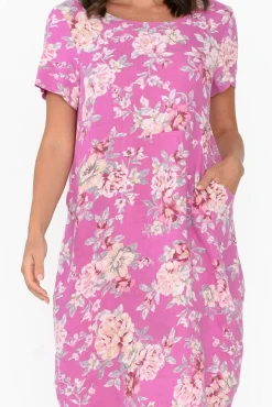 Linen Dresses<Cali and Co Sawyer Pink Blossom Linen Pocket Dress