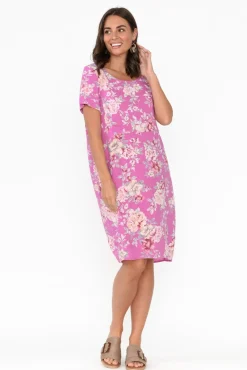 Linen Dresses<Cali and Co Sawyer Pink Blossom Linen Pocket Dress