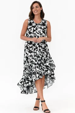 Cotton Dresses<Slate the Label Seren Black Floral Cotton Poplin Ruffle Dress