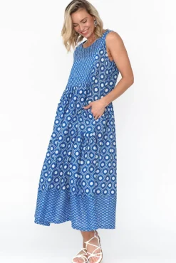 Midi Dresses<Mozaic Serena Blue Circle Cotton Dress