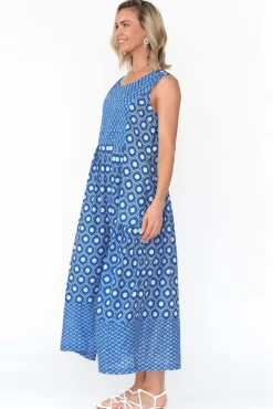 Midi Dresses<Mozaic Serena Blue Circle Cotton Dress
