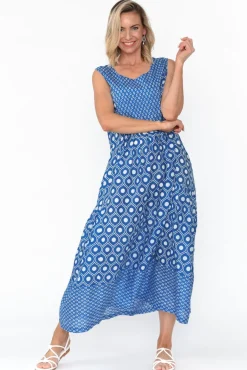 Midi Dresses<Mozaic Serena Blue Circle Cotton Dress