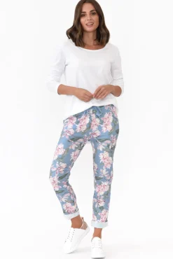 Pants<Cali and Co Shonee Blue Blossom Cotton Stretch Pant