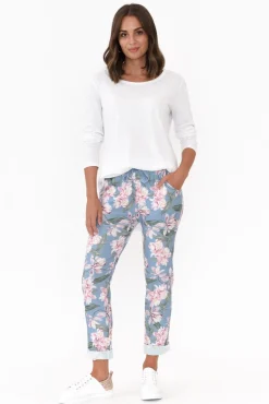 Pants<Cali and Co Shonee Blue Blossom Cotton Stretch Pant
