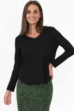 Sleeved Tops<Lou Lou Sia Black Bamboo V Neck Top