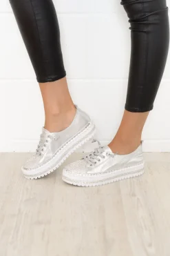 Leather Sneakers<Ameise Sky Silver Leather Diamante Sneaker