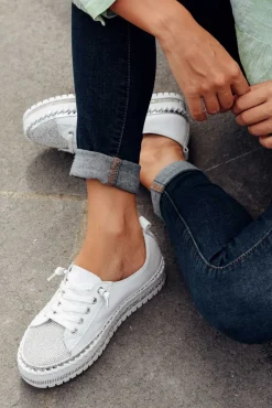 Leather Sneakers<Ameise Sky White Leather Diamante Sneaker