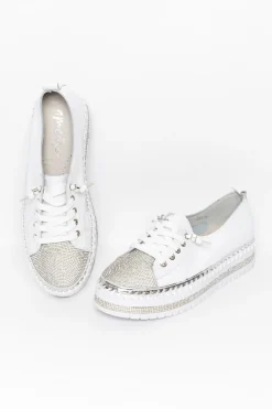 Leather Sneakers<Ameise Sky White Leather Diamante Sneaker