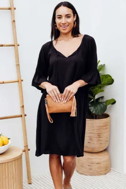 Below Knee Dresses<Slate the Label Sophia Black Bell Sleeve Dress